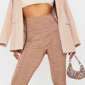 PLT slinky material ruched tan leggings
